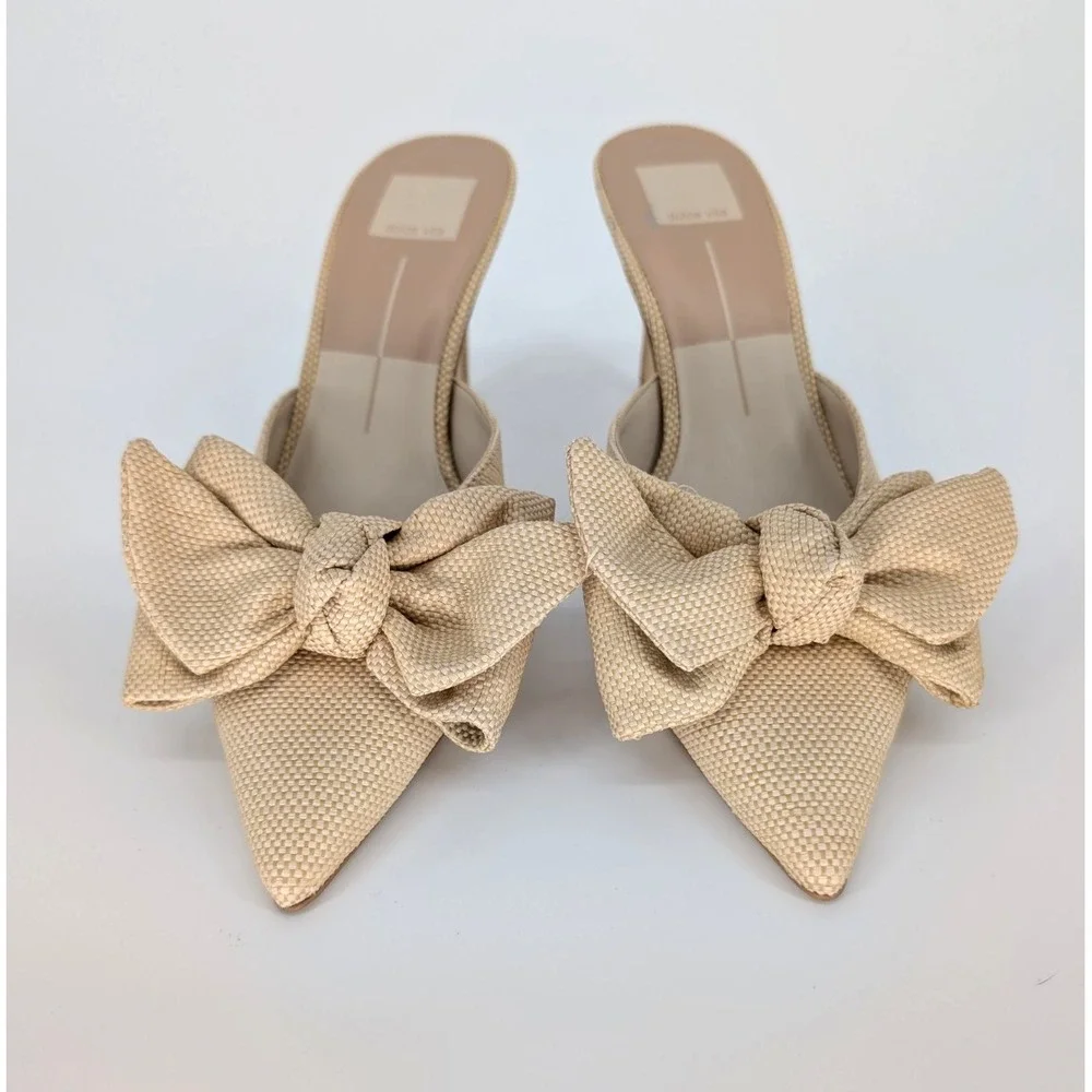Dolce Vita Kayli Raffia Natural Bow Sandal Kitten Heel 8 Coquette Parisian Chic